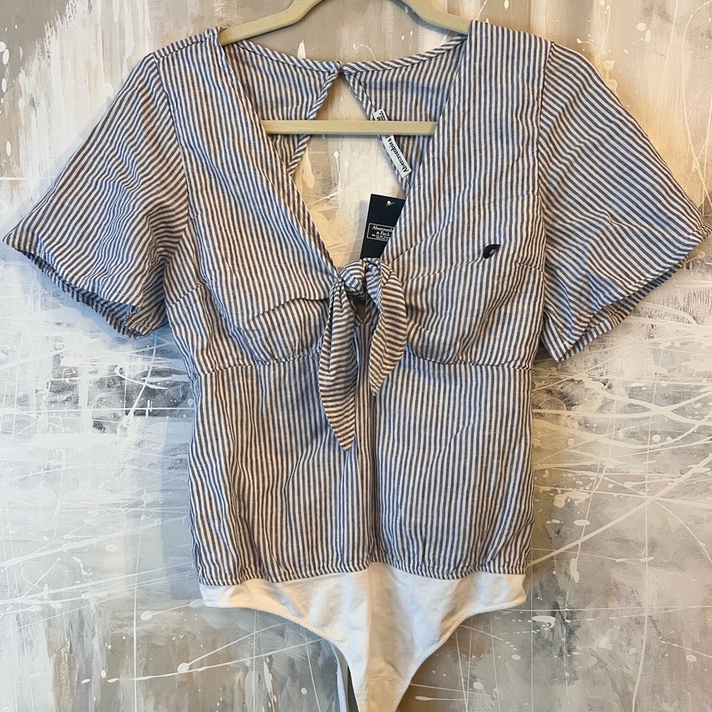 Abercrombie & Fitch Blue and White Striped Tie-Front Bodysuit